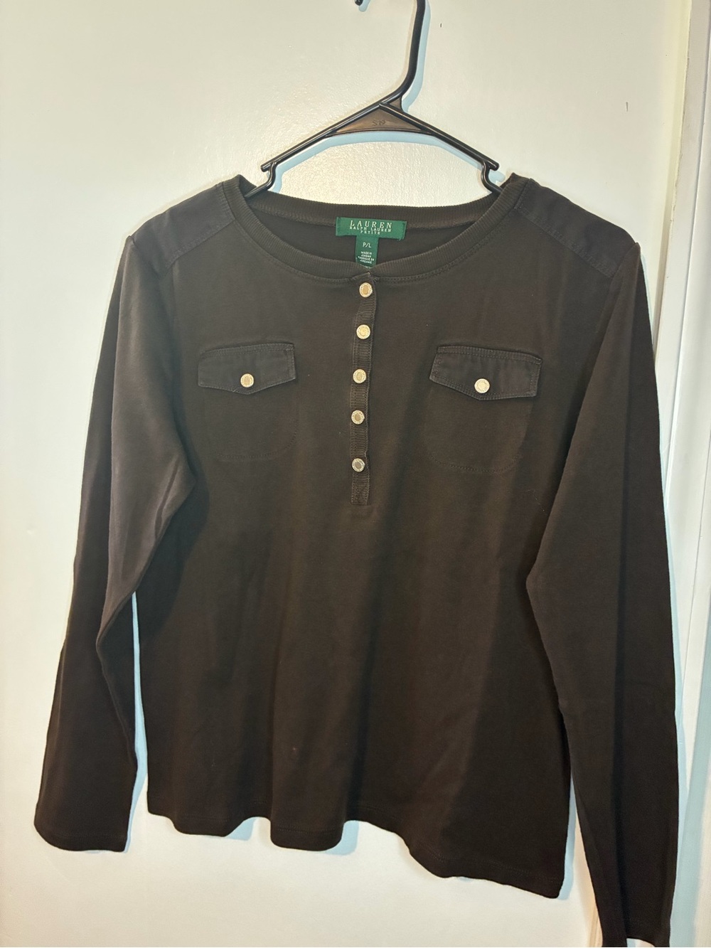 Ralph Lauren Brown Long-Sleeve Henley Top with Button Placket